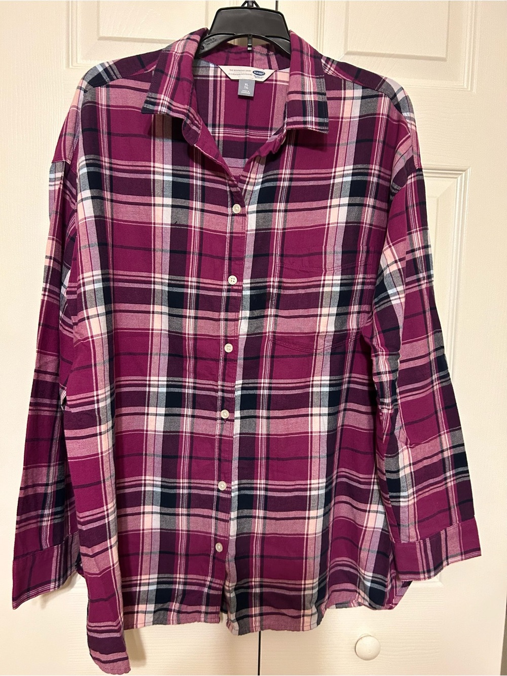 Old Navy The Boyfriend Shirt Pink and Navy Plaid Button-Down Shirt
